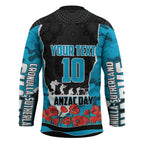 Personalized Sharks ANZAC Tribute Hockey Jersey Poppy Field Soldier Silhouette Aboriginal Rugby Mascot