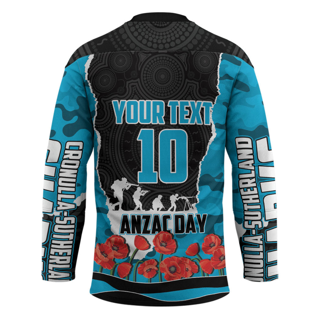 Personalized Sharks ANZAC Tribute Hockey Jersey Poppy Field Soldier Silhouette Aboriginal Rugby Mascot