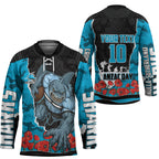 Personalized Sharks ANZAC Tribute Hockey Jersey Poppy Field Soldier Silhouette Aboriginal Rugby Mascot