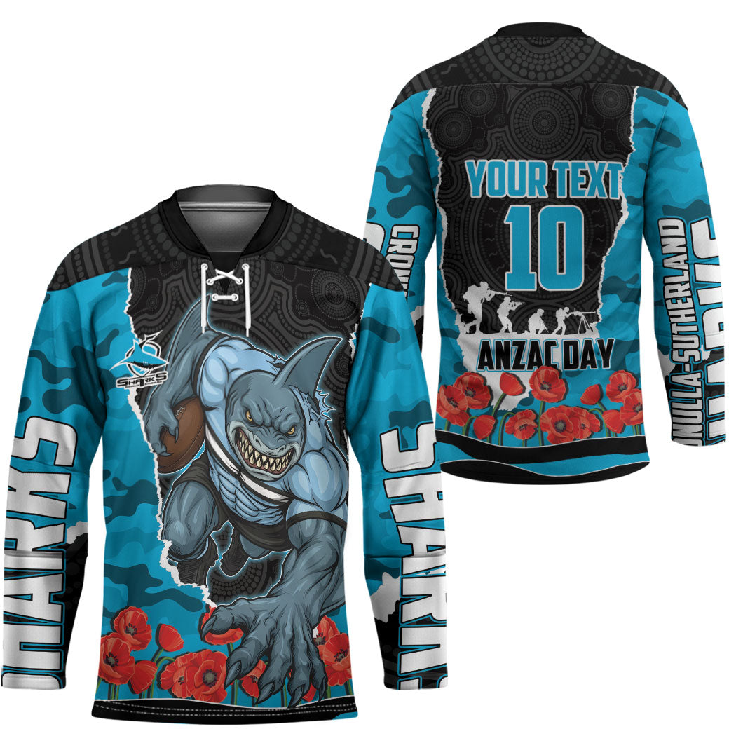 Personalized Sharks ANZAC Tribute Hockey Jersey Poppy Field Soldier Silhouette Aboriginal Rugby Mascot
