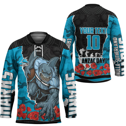 Personalized Sharks ANZAC Tribute Hockey Jersey Poppy Field Soldier Silhouette Aboriginal Rugby Mascot