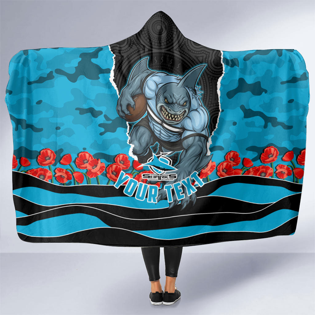 Personalized Sharks ANZAC Tribute Hooded Blanket Poppy Field Soldier Silhouette Aboriginal Rugby Mascot