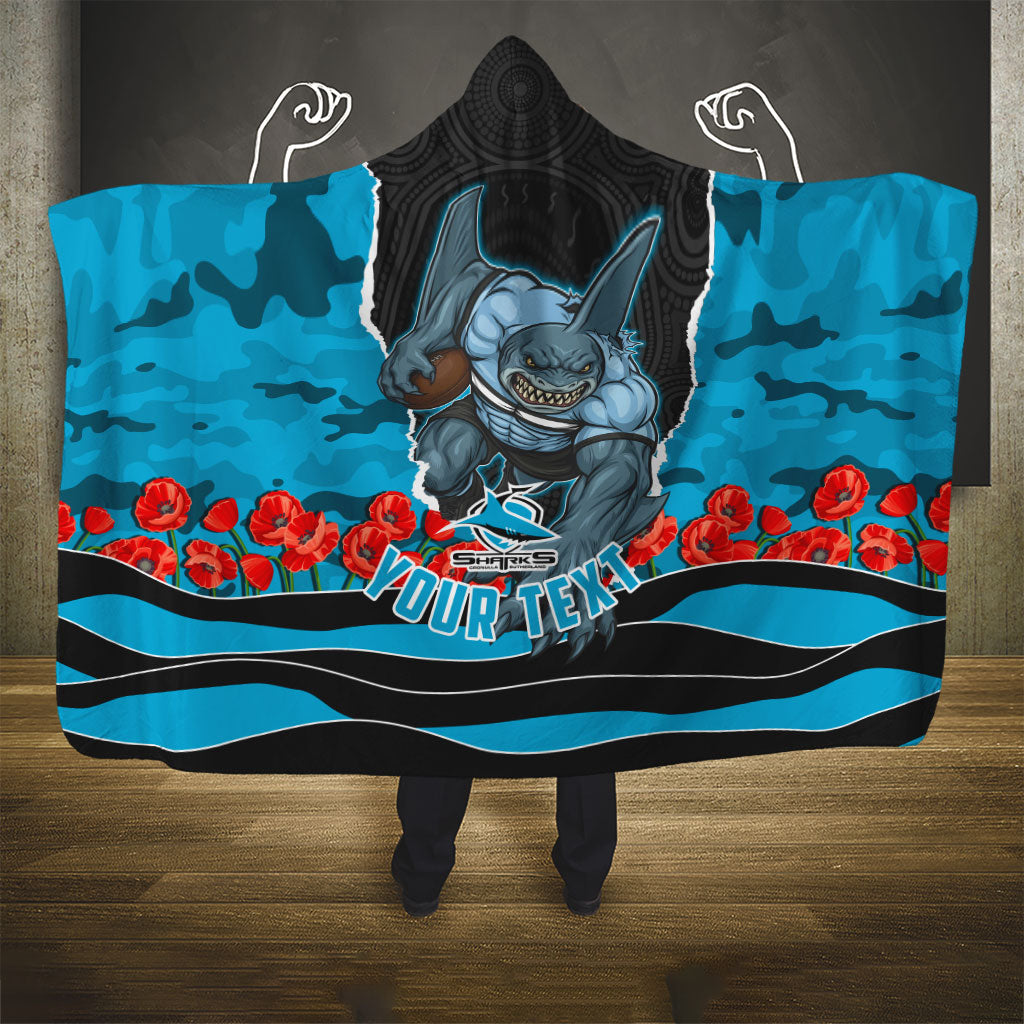 Personalized Sharks ANZAC Tribute Hooded Blanket Poppy Field Soldier Silhouette Aboriginal Rugby Mascot