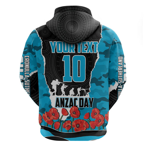 Personalized Sharks ANZAC Tribute Hoodie Poppy Field Soldier Silhouette Aboriginal Rugby Mascot