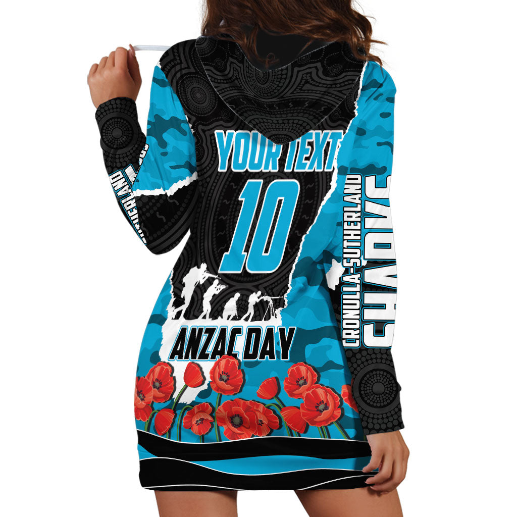 Personalized Sharks ANZAC Tribute Hoodie Dress Poppy Field Soldier Silhouette Aboriginal Rugby Mascot