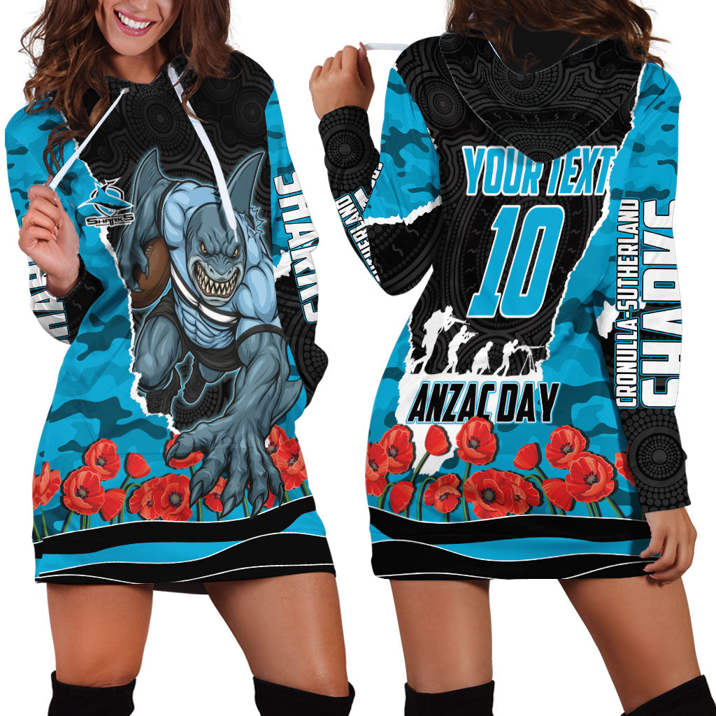 Personalized Sharks ANZAC Tribute Hoodie Dress Poppy Field Soldier Silhouette Aboriginal Rugby Mascot