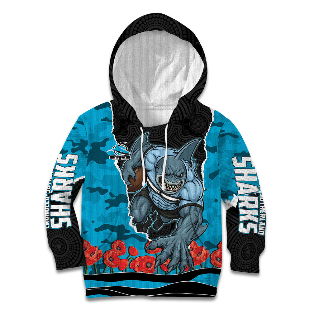 Personalized Sharks ANZAC Tribute Kid Hoodie Poppy Field Soldier Silhouette Aboriginal Rugby Mascot