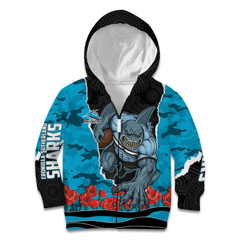 Personalized Sharks ANZAC Tribute Kid Hoodie Poppy Field Soldier Silhouette Aboriginal Rugby Mascot