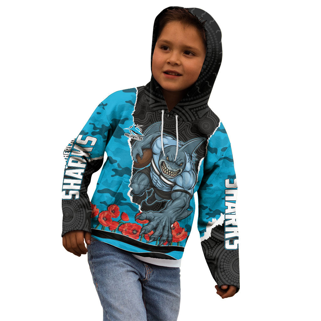 Personalized Sharks ANZAC Tribute Kid Hoodie Poppy Field Soldier Silhouette Aboriginal Rugby Mascot