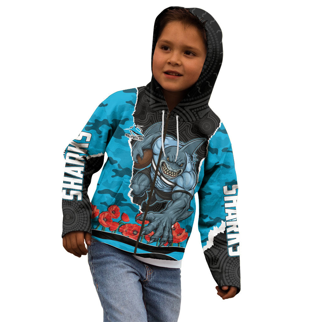 Personalized Sharks ANZAC Tribute Kid Hoodie Poppy Field Soldier Silhouette Aboriginal Rugby Mascot