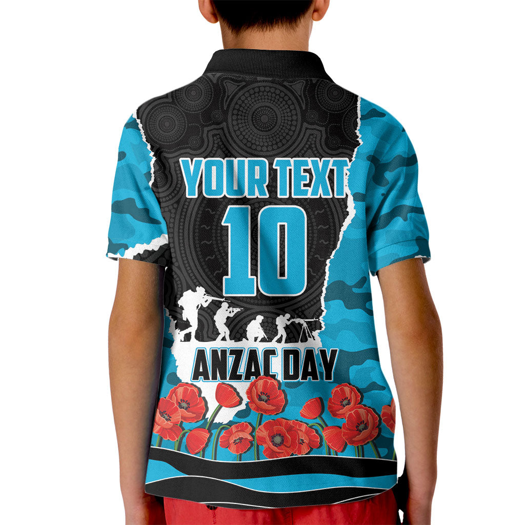 Personalized Sharks ANZAC Tribute Kid Polo Shirt Poppy Field Soldier Silhouette Aboriginal Rugby Mascot