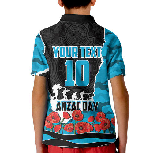 Personalized Sharks ANZAC Tribute Kid Polo Shirt Poppy Field Soldier Silhouette Aboriginal Rugby Mascot