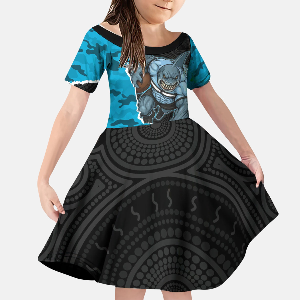 Personalized Sharks ANZAC Tribute Kid Short Sleeve Dress Poppy Field Soldier Silhouette Aboriginal Rugby Mascot