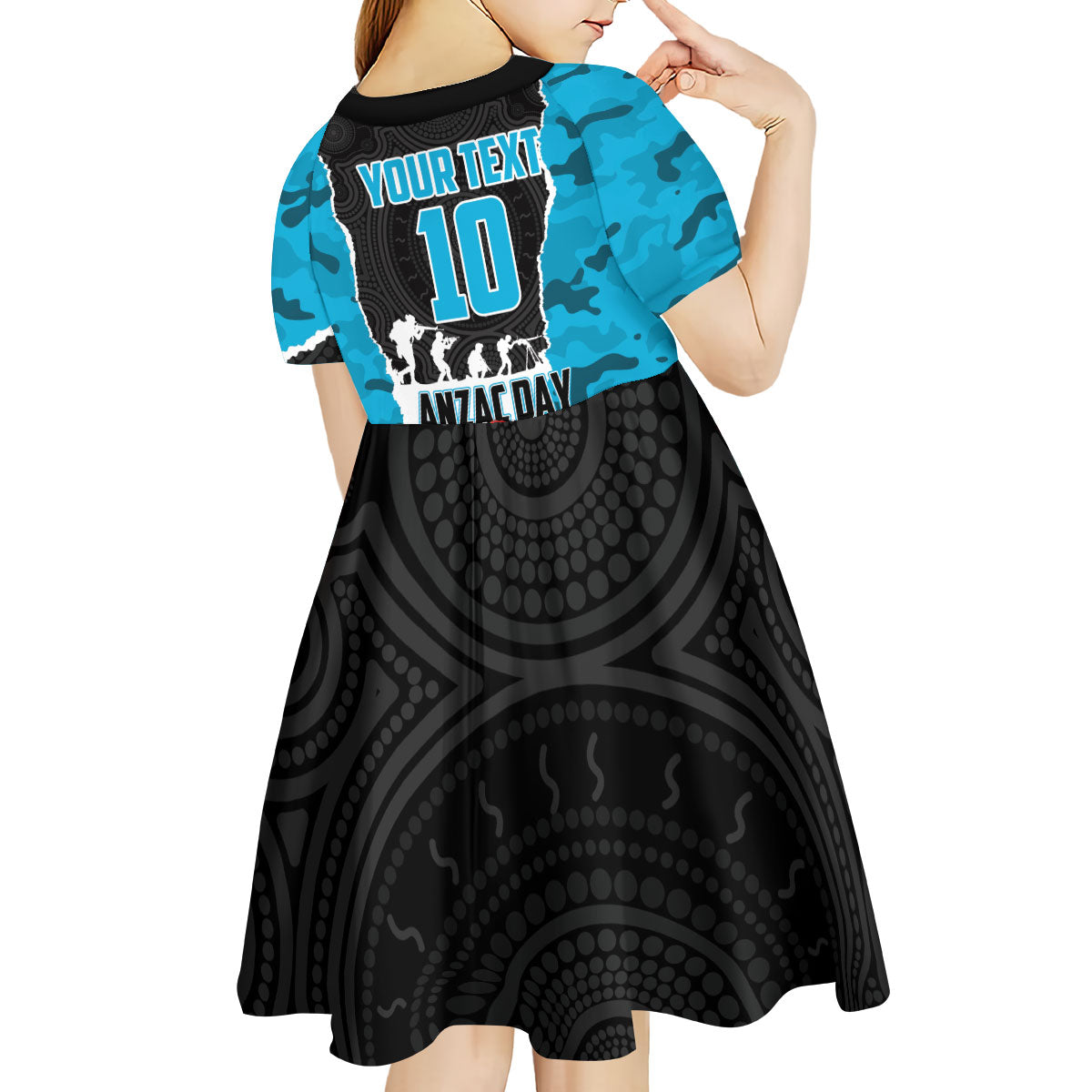 Personalized Sharks ANZAC Tribute Kid Short Sleeve Dress Poppy Field Soldier Silhouette Aboriginal Rugby Mascot