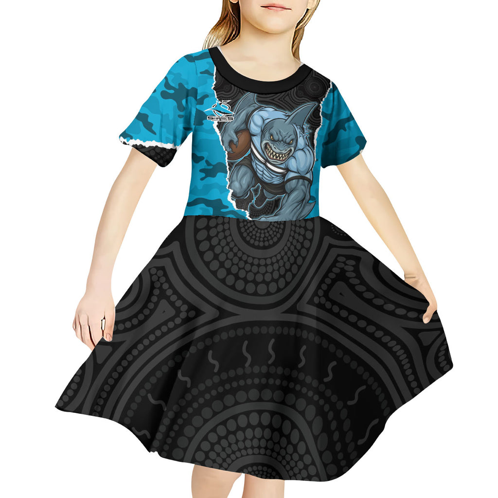 Personalized Sharks ANZAC Tribute Kid Short Sleeve Dress Poppy Field Soldier Silhouette Aboriginal Rugby Mascot
