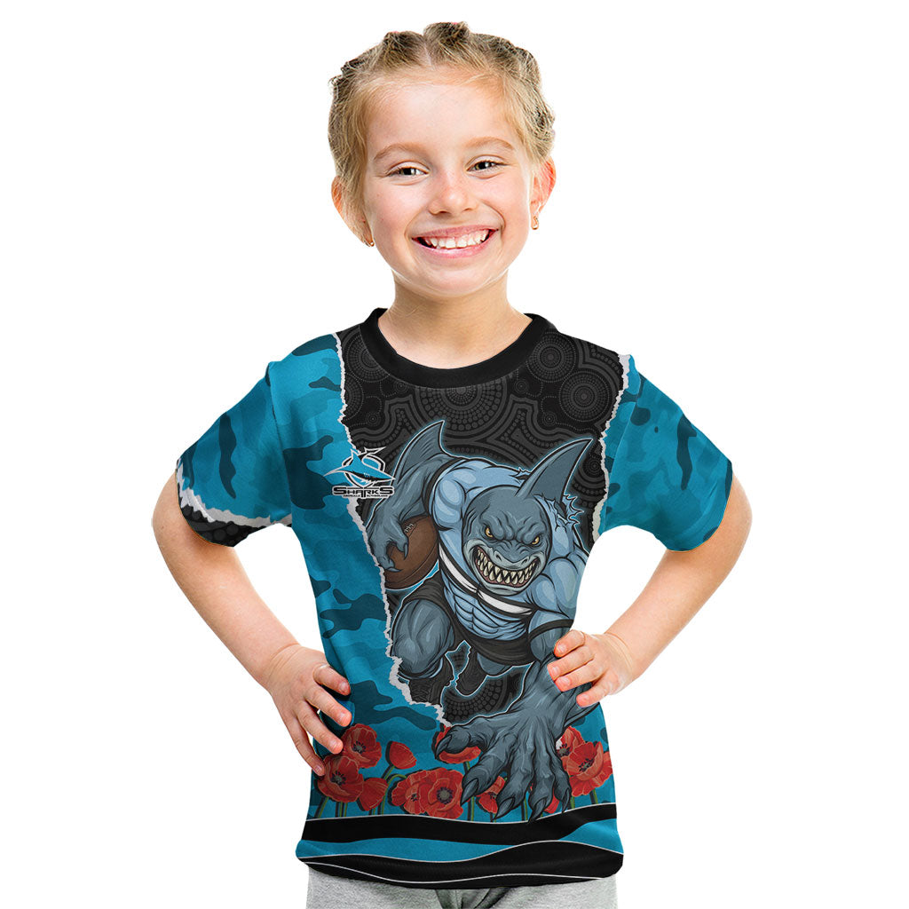 Personalized Sharks ANZAC Tribute Kid T Shirt Poppy Field Soldier Silhouette Aboriginal Rugby Mascot