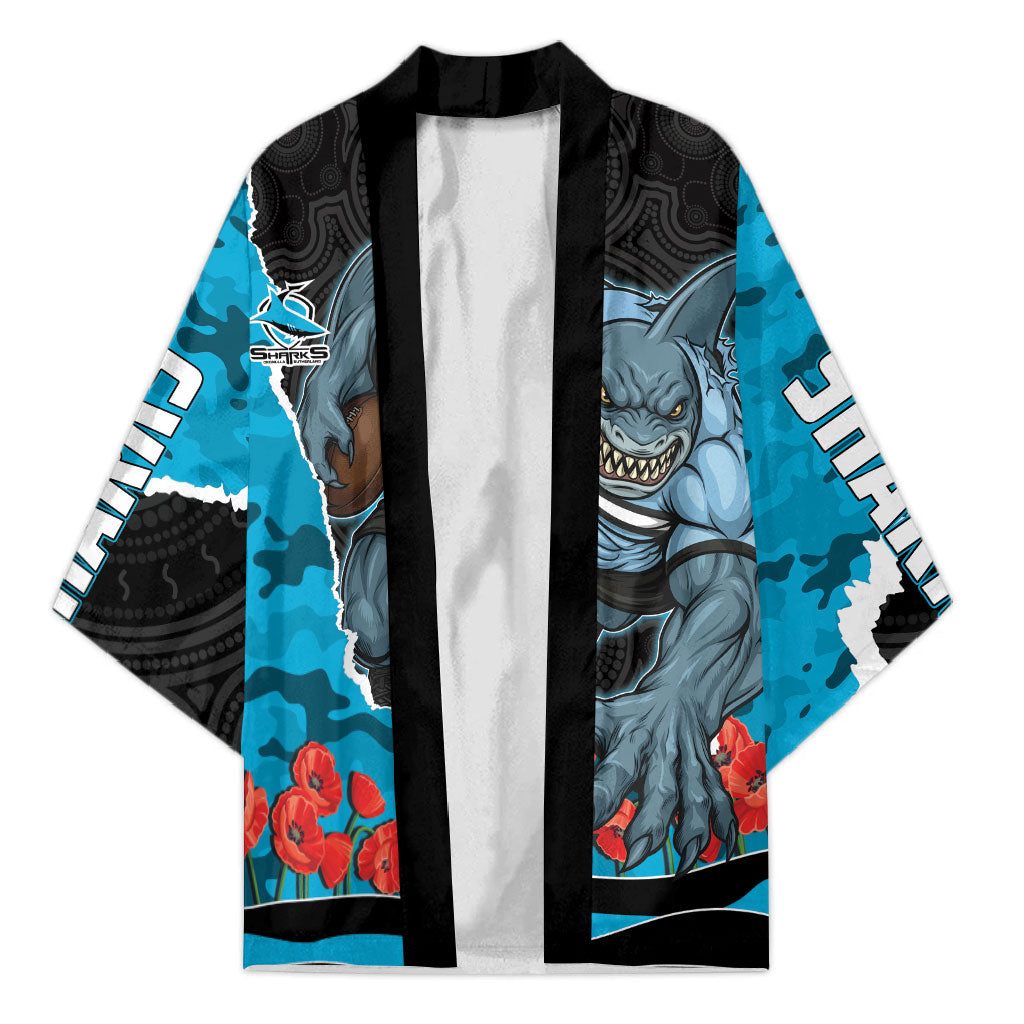 Personalized Sharks ANZAC Tribute Kimono Poppy Field Soldier Silhouette Aboriginal Rugby Mascot