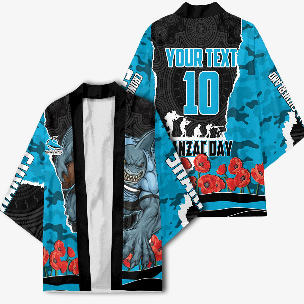 Personalized Sharks ANZAC Tribute Kimono Poppy Field Soldier Silhouette Aboriginal Rugby Mascot
