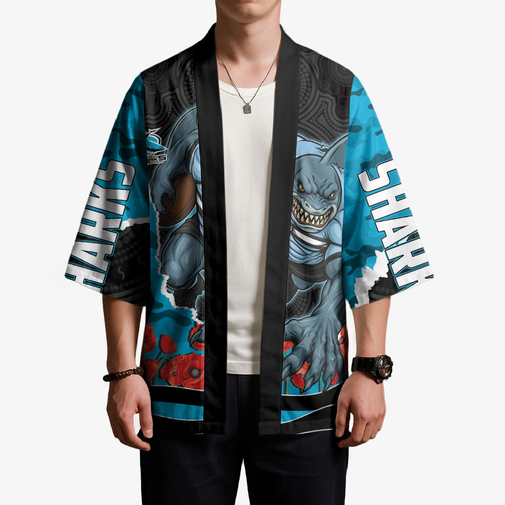 Personalized Sharks ANZAC Tribute Kimono Poppy Field Soldier Silhouette Aboriginal Rugby Mascot