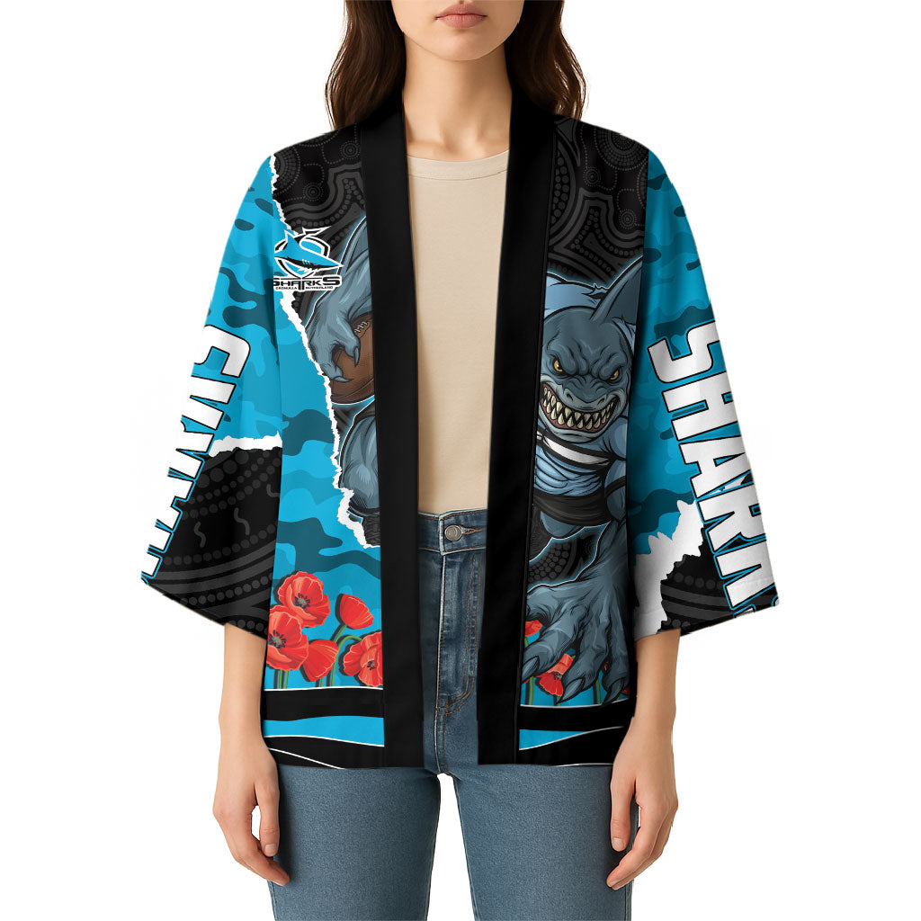 Personalized Sharks ANZAC Tribute Kimono Poppy Field Soldier Silhouette Aboriginal Rugby Mascot