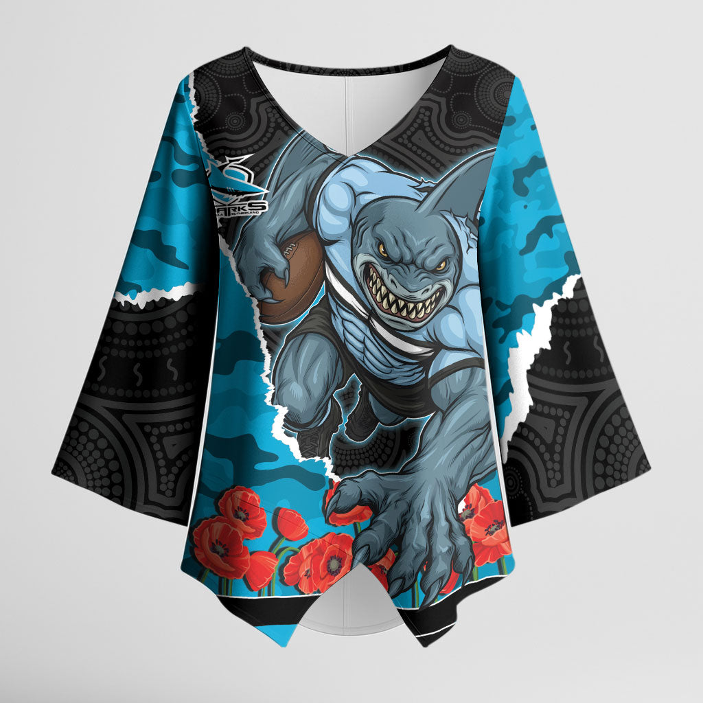 Personalized Sharks ANZAC Tribute Kimono Sleeve Blouse Poppy Field Soldier Silhouette Aboriginal Rugby Mascot