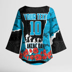 Personalized Sharks ANZAC Tribute Kimono Sleeve Blouse Poppy Field Soldier Silhouette Aboriginal Rugby Mascot