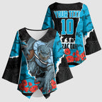 Personalized Sharks ANZAC Tribute Kimono Sleeve Blouse Poppy Field Soldier Silhouette Aboriginal Rugby Mascot