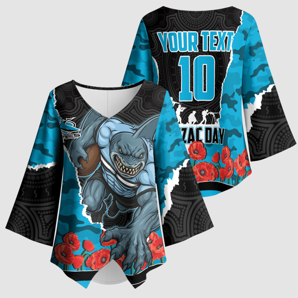Personalized Sharks ANZAC Tribute Kimono Sleeve Blouse Poppy Field Soldier Silhouette Aboriginal Rugby Mascot