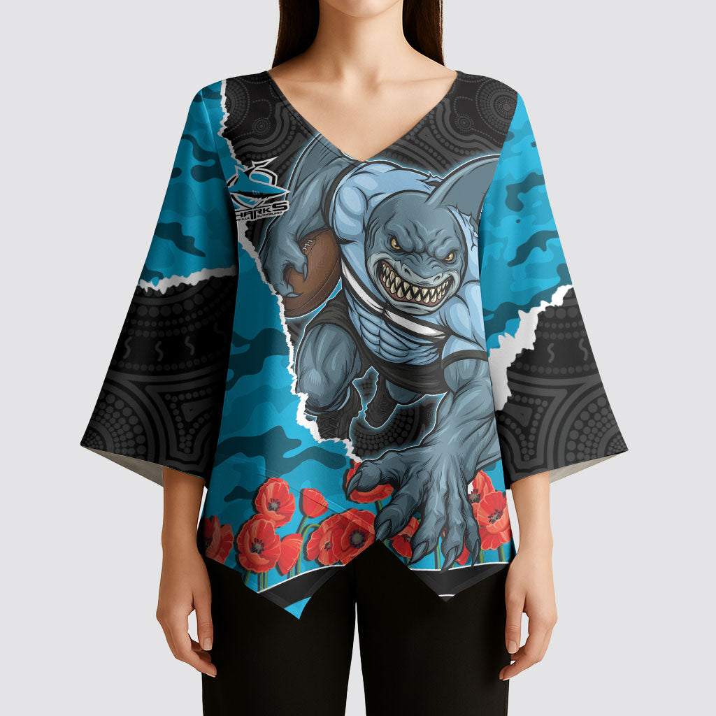 Personalized Sharks ANZAC Tribute Kimono Sleeve Blouse Poppy Field Soldier Silhouette Aboriginal Rugby Mascot