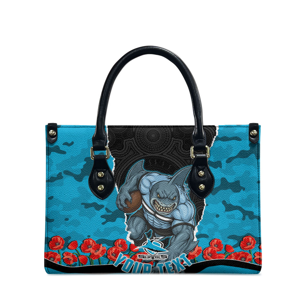 Personalized Sharks ANZAC Tribute Leather Bag Poppy Field Soldier Silhouette Aboriginal Rugby Mascot