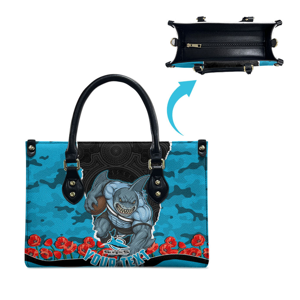 Personalized Sharks ANZAC Tribute Leather Bag Poppy Field Soldier Silhouette Aboriginal Rugby Mascot