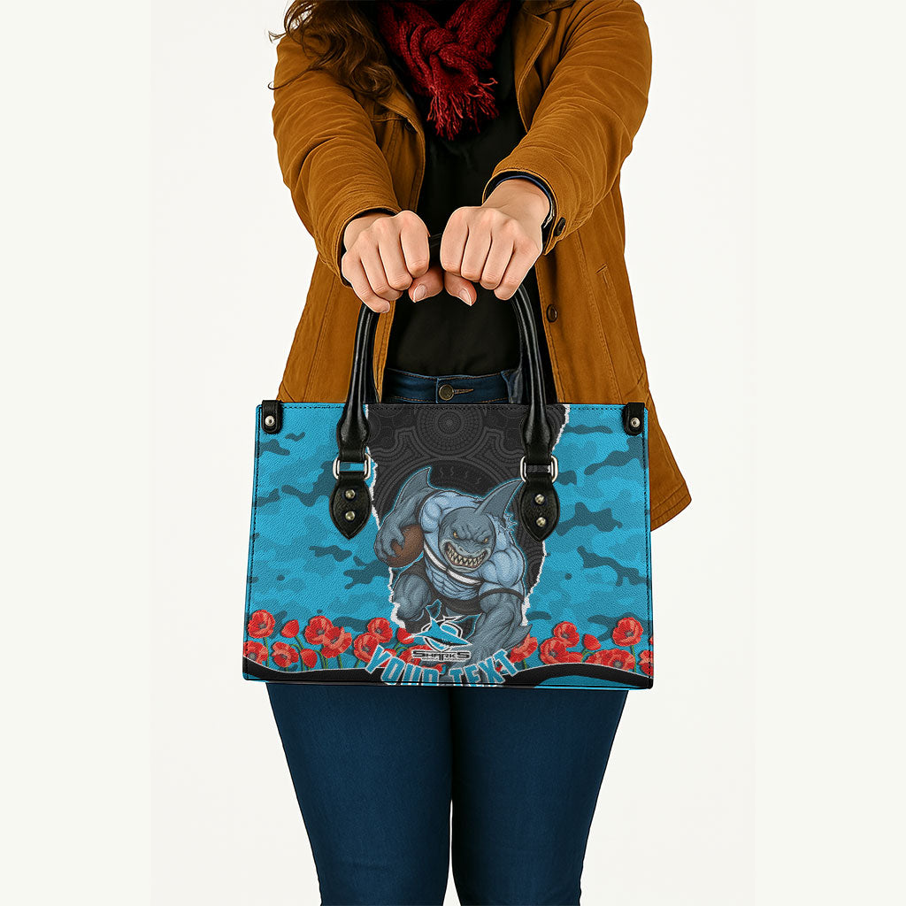 Personalized Sharks ANZAC Tribute Leather Bag Poppy Field Soldier Silhouette Aboriginal Rugby Mascot