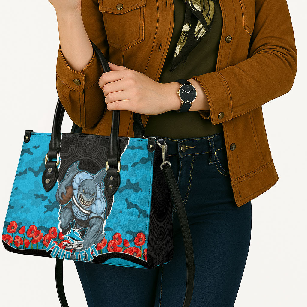 Personalized Sharks ANZAC Tribute Leather Bag Poppy Field Soldier Silhouette Aboriginal Rugby Mascot
