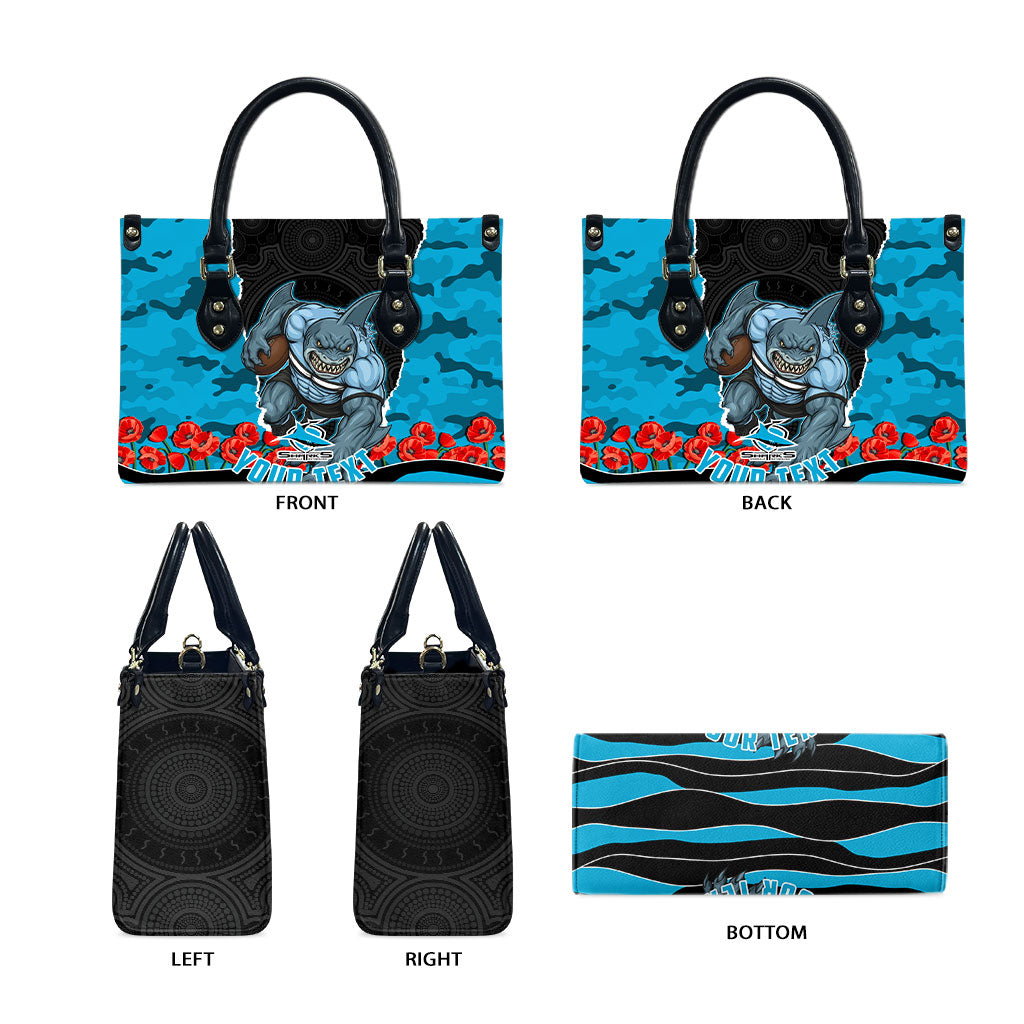 Personalized Sharks ANZAC Tribute Leather Bag Poppy Field Soldier Silhouette Aboriginal Rugby Mascot