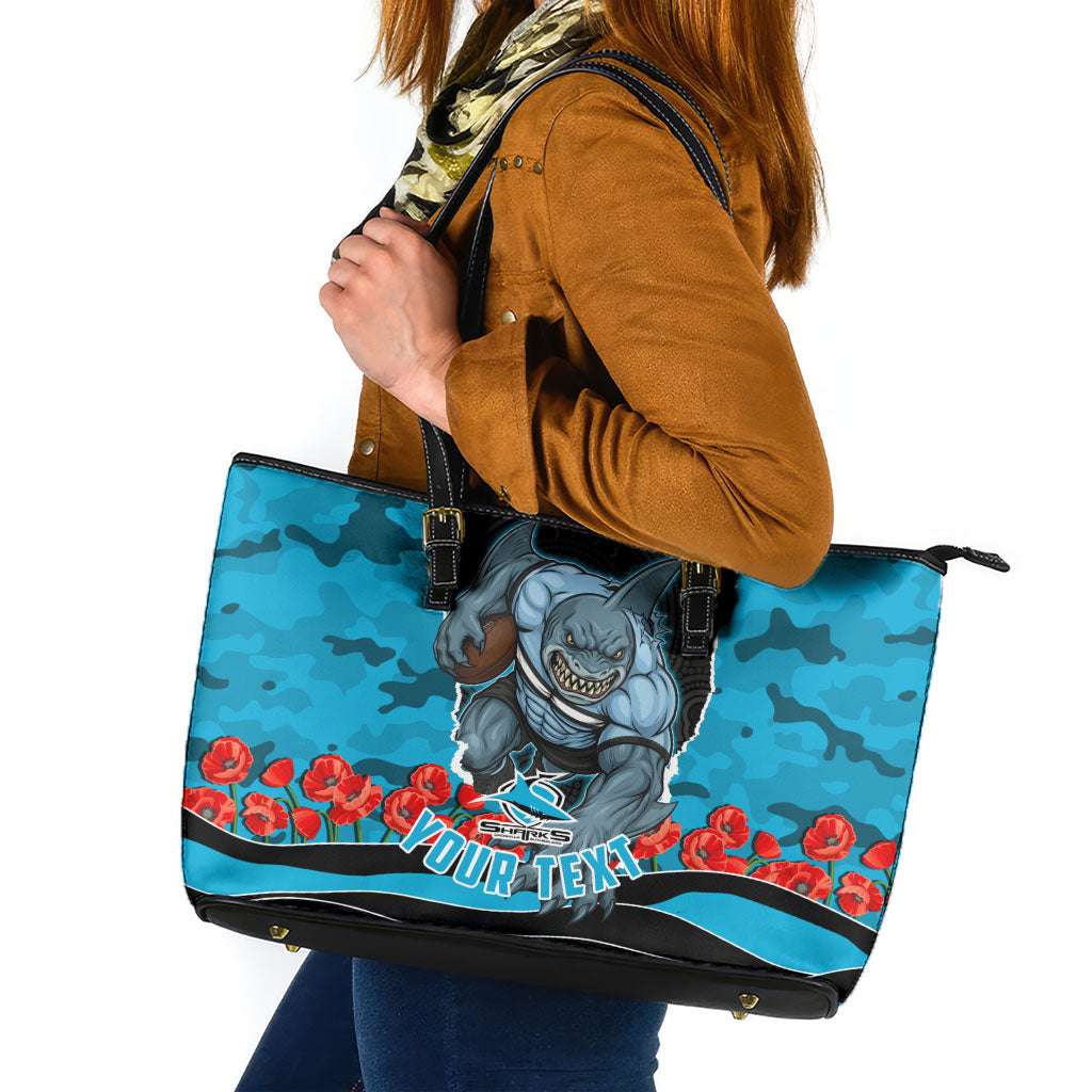 Personalized Sharks ANZAC Tribute Leather Tote Bag Poppy Field Soldier Silhouette Aboriginal Rugby Mascot