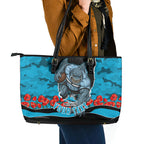 Personalized Sharks ANZAC Tribute Leather Tote Bag Poppy Field Soldier Silhouette Aboriginal Rugby Mascot