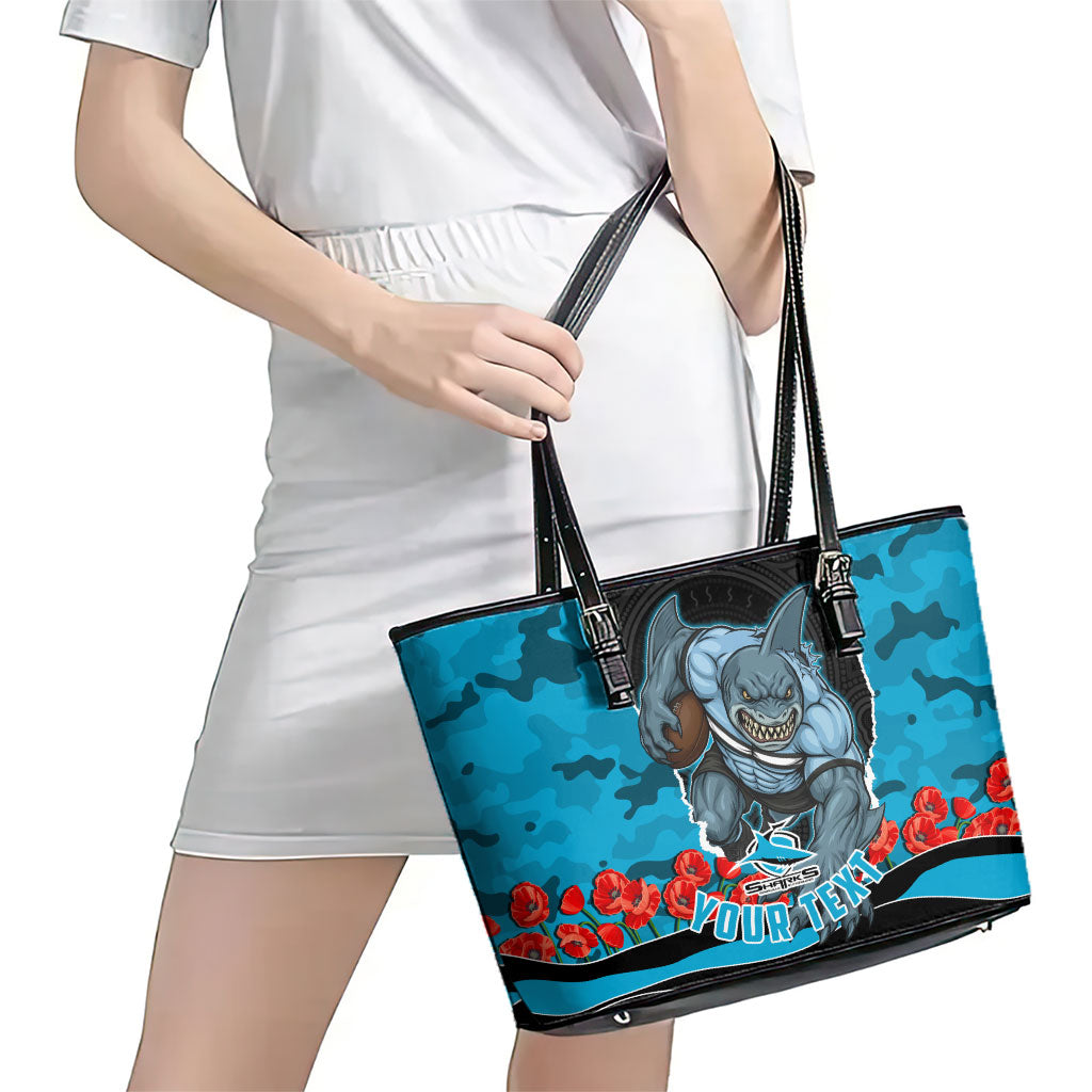 Personalized Sharks ANZAC Tribute Leather Tote Bag Poppy Field Soldier Silhouette Aboriginal Rugby Mascot