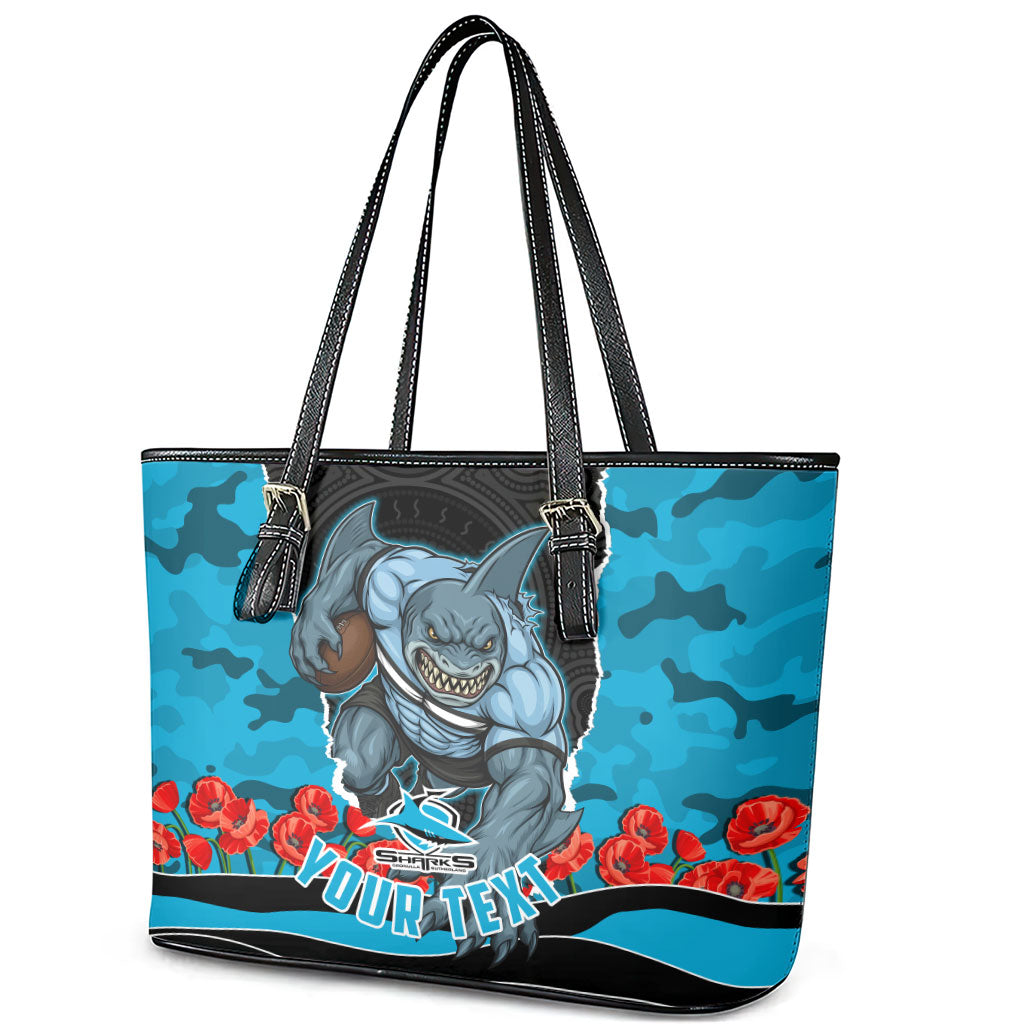 Personalized Sharks ANZAC Tribute Leather Tote Bag Poppy Field Soldier Silhouette Aboriginal Rugby Mascot