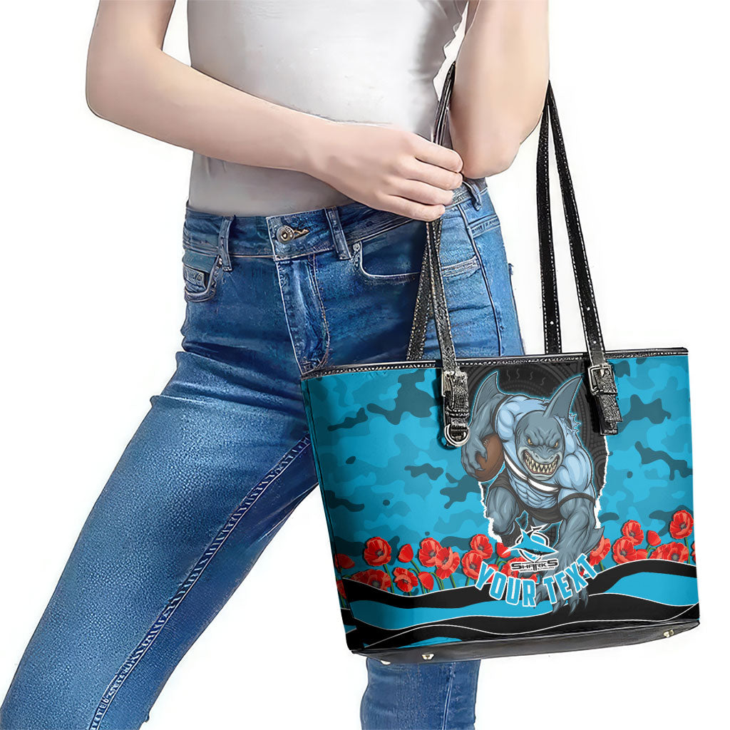 Personalized Sharks ANZAC Tribute Leather Tote Bag Poppy Field Soldier Silhouette Aboriginal Rugby Mascot
