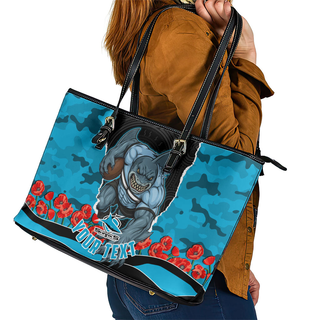 Personalized Sharks ANZAC Tribute Leather Tote Bag Poppy Field Soldier Silhouette Aboriginal Rugby Mascot