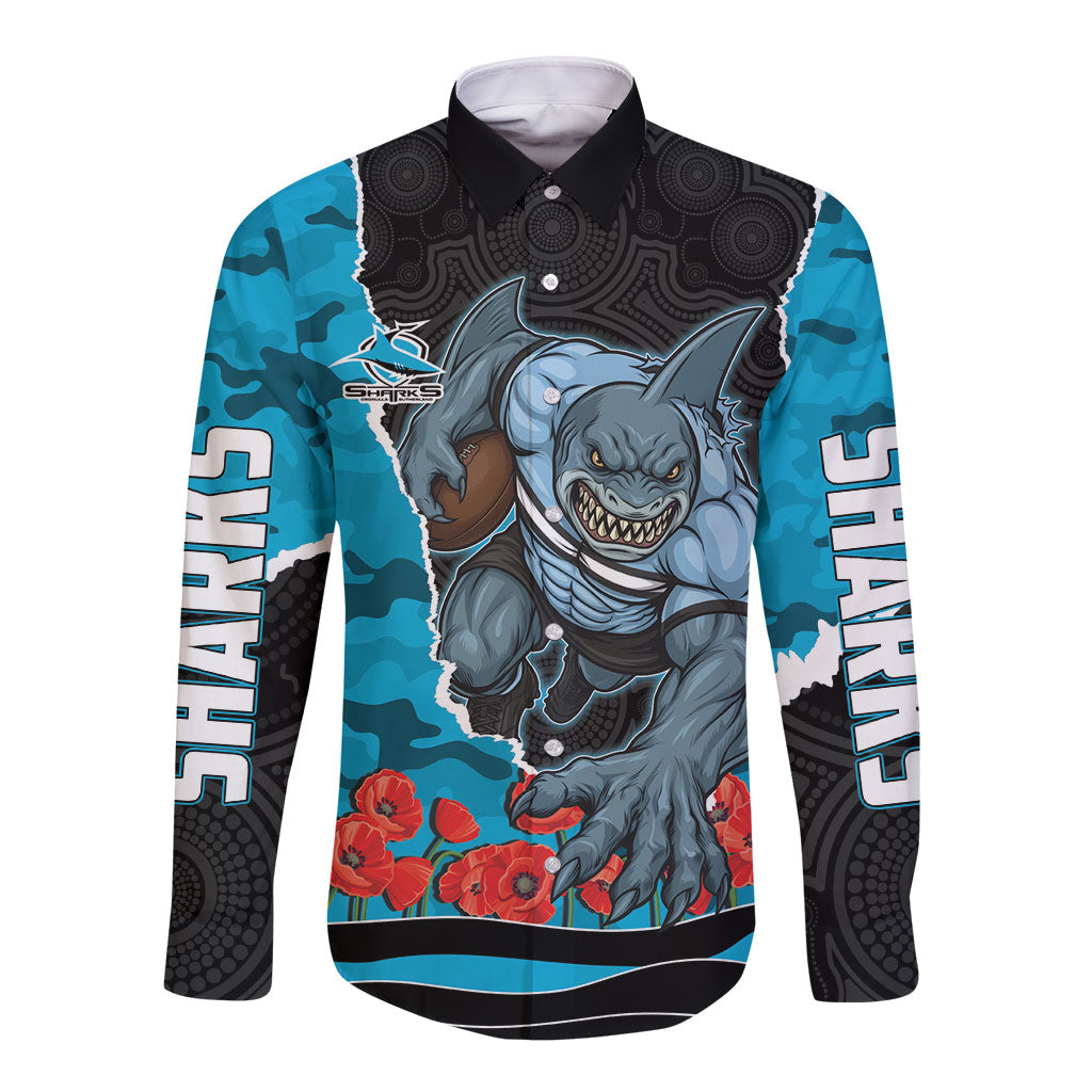 Personalized Sharks ANZAC Tribute Long Sleeve Button Shirt Poppy Field Soldier Silhouette Aboriginal Rugby Mascot