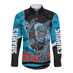 Personalized Sharks ANZAC Tribute Long Sleeve Button Shirt Poppy Field Soldier Silhouette Aboriginal Rugby Mascot