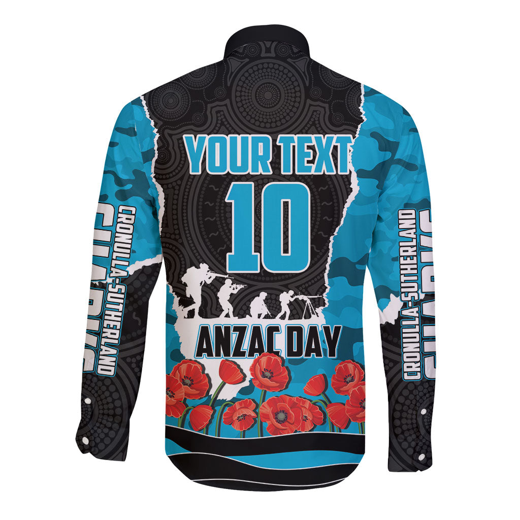 Personalized Sharks ANZAC Tribute Long Sleeve Button Shirt Poppy Field Soldier Silhouette Aboriginal Rugby Mascot