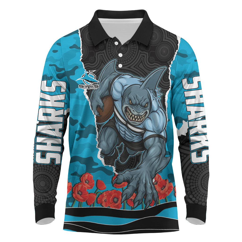 Personalized Sharks ANZAC Tribute Long Sleeve Polo Shirt Poppy Field Soldier Silhouette Aboriginal Rugby Mascot