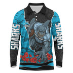 Personalized Sharks ANZAC Tribute Long Sleeve Polo Shirt Poppy Field Soldier Silhouette Aboriginal Rugby Mascot