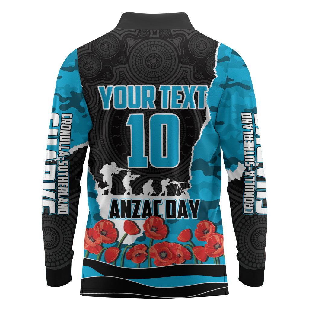 Personalized Sharks ANZAC Tribute Long Sleeve Polo Shirt Poppy Field Soldier Silhouette Aboriginal Rugby Mascot