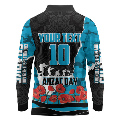 Personalized Sharks ANZAC Tribute Long Sleeve Polo Shirt Poppy Field Soldier Silhouette Aboriginal Rugby Mascot