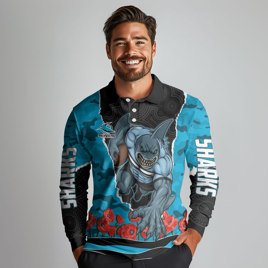 Personalized Sharks ANZAC Tribute Long Sleeve Polo Shirt Poppy Field Soldier Silhouette Aboriginal Rugby Mascot
