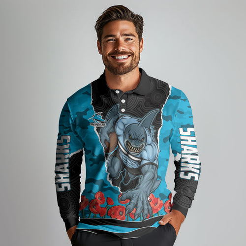 Personalized Sharks ANZAC Tribute Long Sleeve Polo Shirt Poppy Field Soldier Silhouette Aboriginal Rugby Mascot