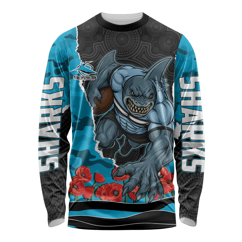 Personalized Sharks ANZAC Tribute Long Sleeve Shirt Poppy Field Soldier Silhouette Aboriginal Rugby Mascot